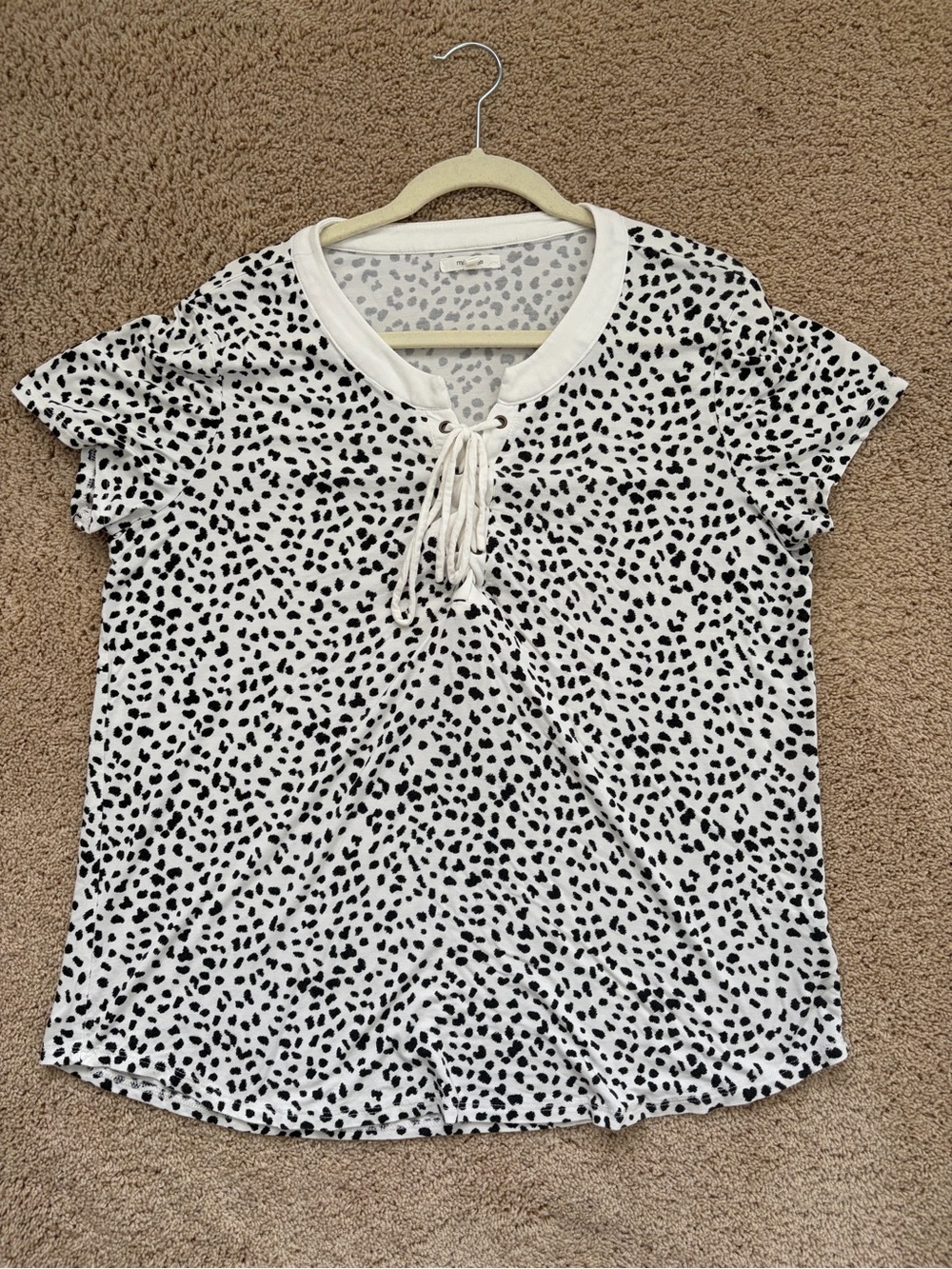 Maurices White Short Sleeve Lace-Up Neck Dot Print Top